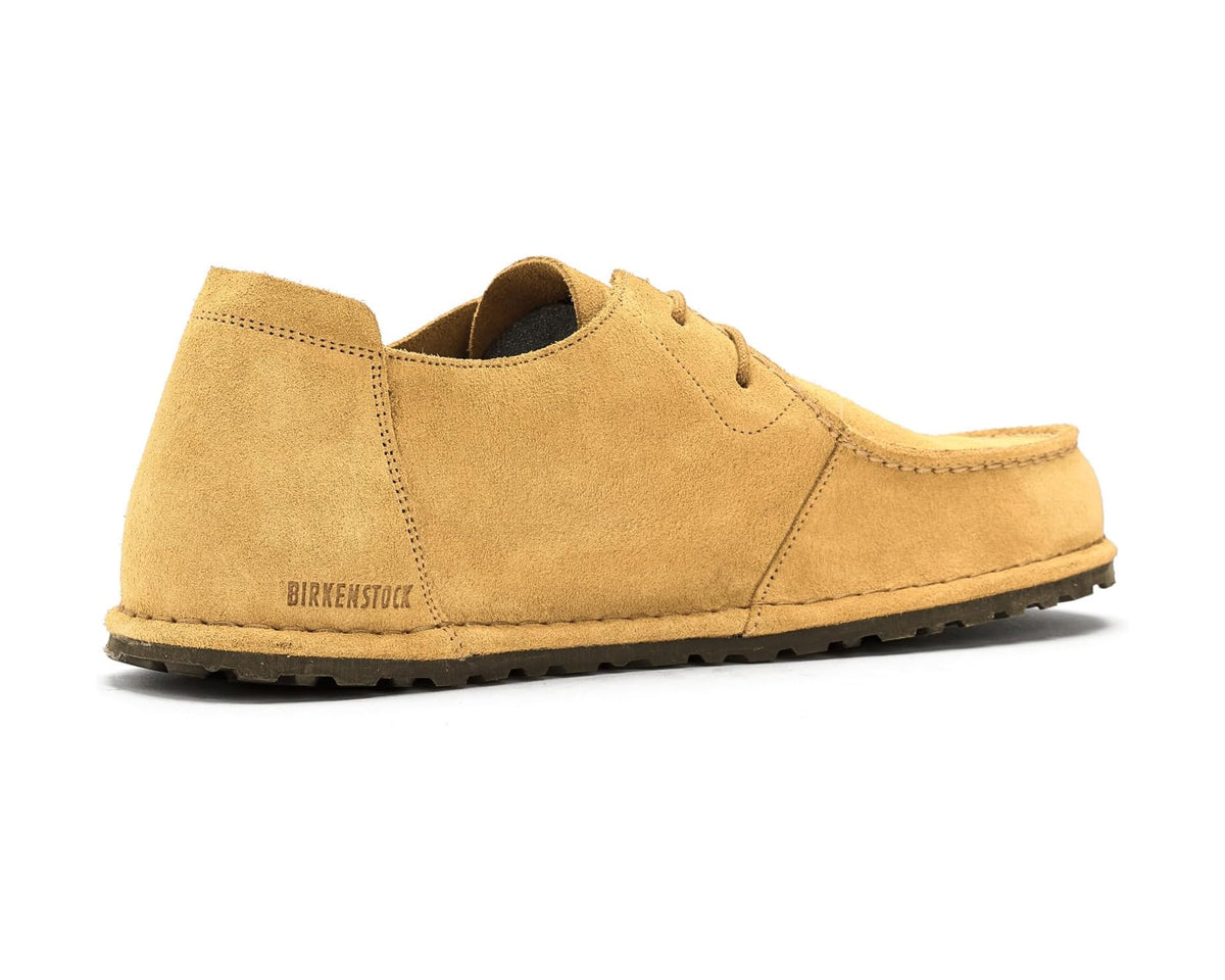 Men's Birkenstock cork brown suede lace-up shoe, side view with logo