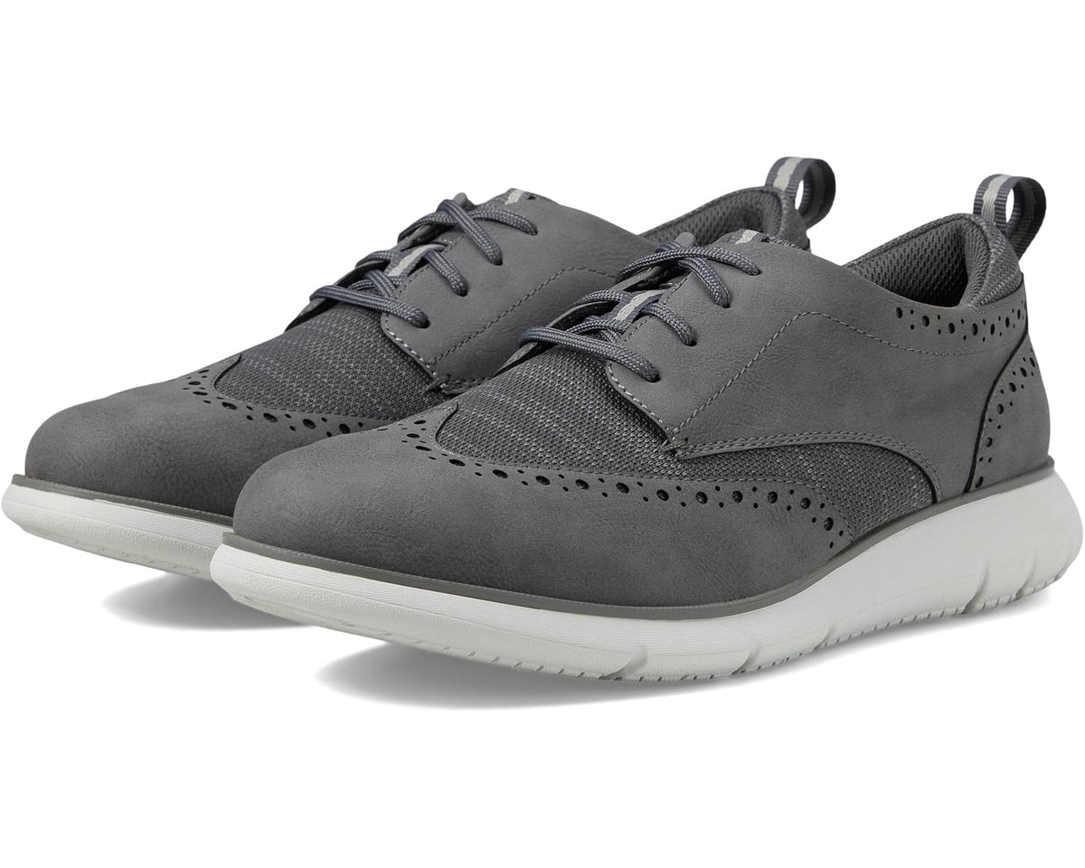 Gray knit wing tip lace-up oxford sneaker with perforated detailing and white sole