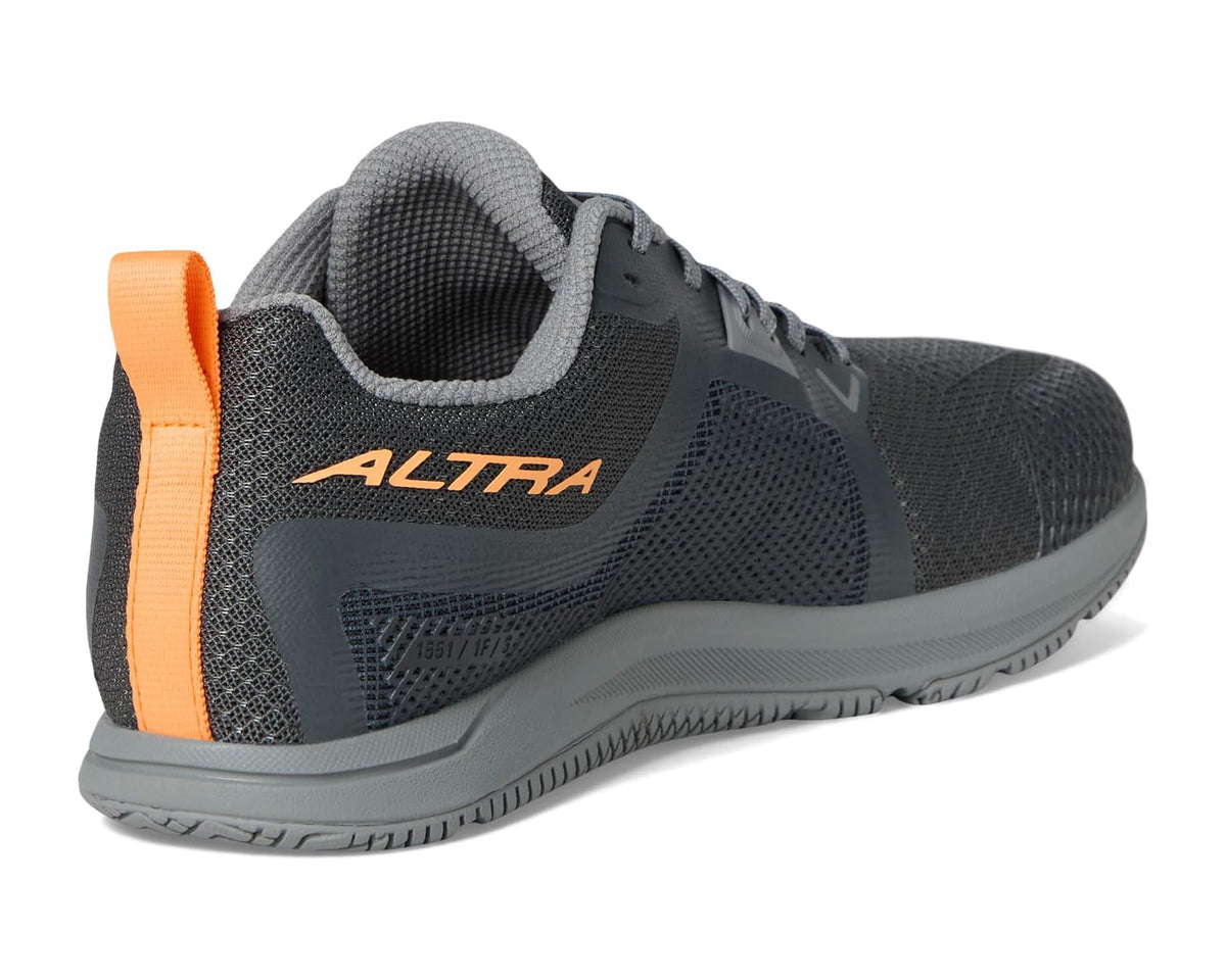 Men's dark gray running shoe heel and collar with orange pull tab