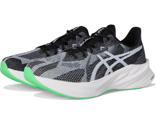 ASICS Dynablast 5 men's running shoe, black and white knit upper, green outsole