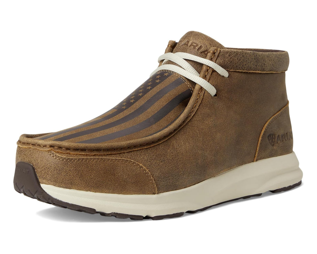 Men's suede chukka boot front-left view with American flag print and white laces