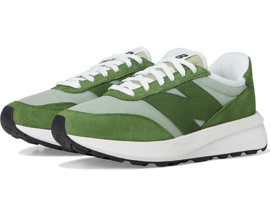 Unisex green and white New Balance lace-up sneaker with contrasting suede panels
