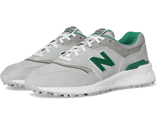 Men's New Balance 997 golf sneaker, gray suede with green accents and white sole