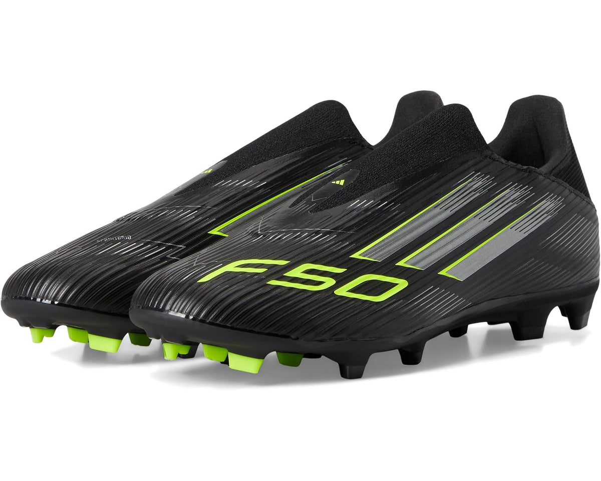 Unisex adidas F50 League Laceless Firm Ground Soccer Cleats Black/Iron Metallic/Lucid Lemon