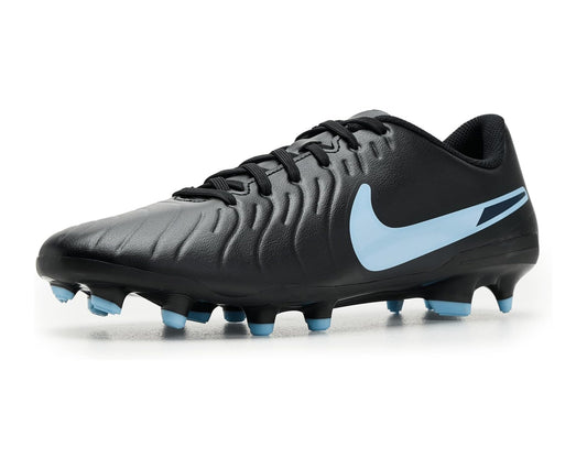 Men's Nike Legend 10 soccer cleats in black with light blue swoosh and blue studs