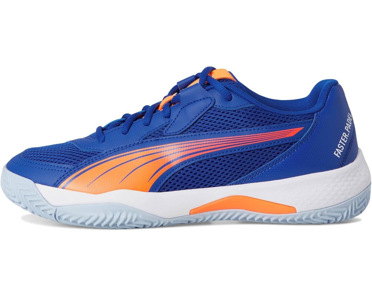 PUMA Nova Court pickleball shoes, blue leather-texture with orange stripe, white midsole
