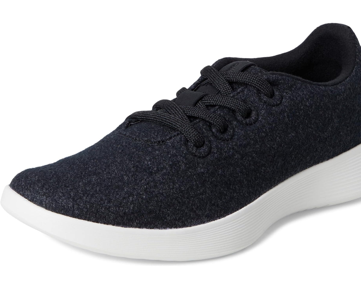 Allbirds wool runner sneakers, dark knit upper, lace-up with padded collar, white sole