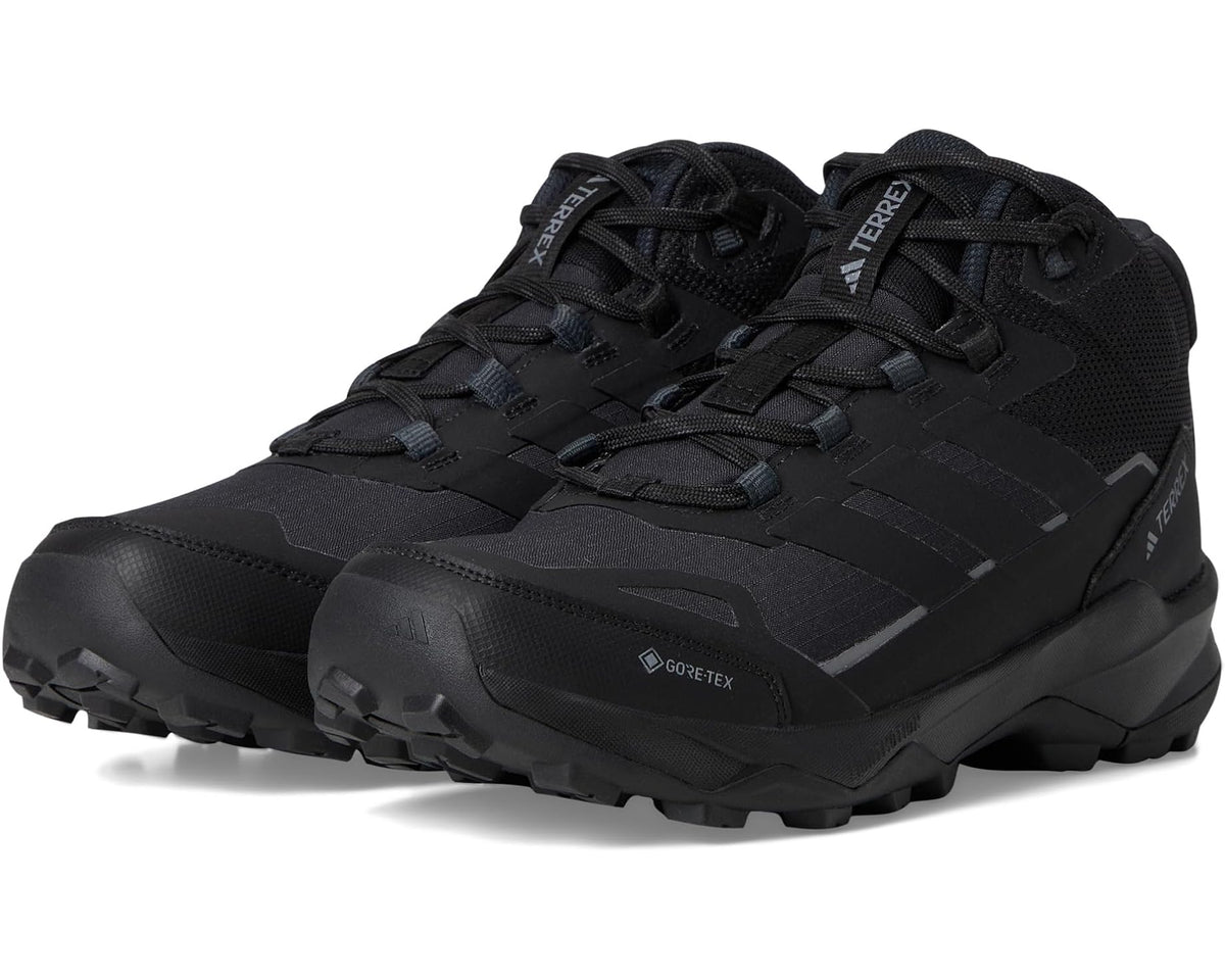 Black mid-top lace-up hiking shoe with rugged tread outsole and GORETEX logo