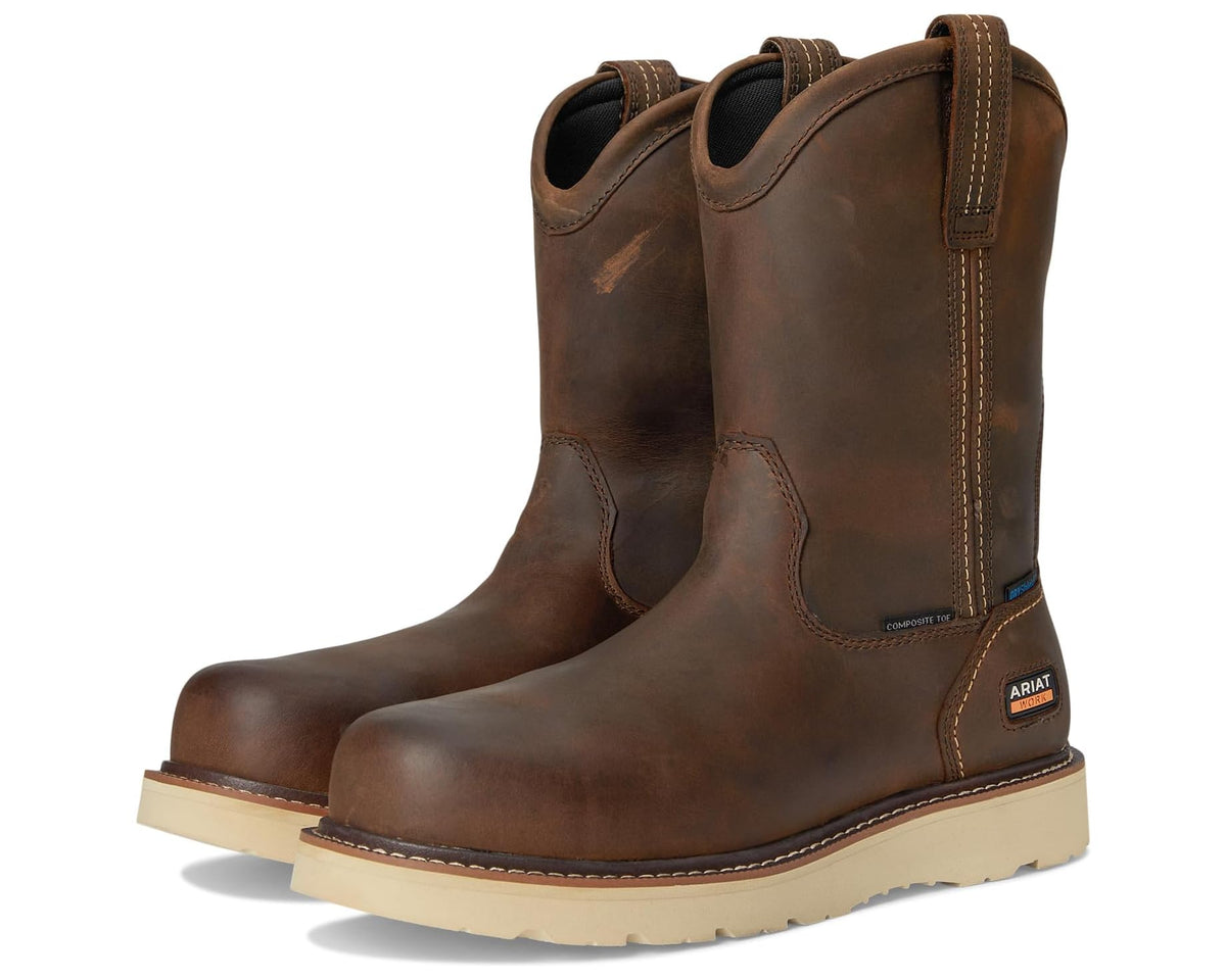 Men's Ariat Rebar Wedge Pull-On Waterproof Composite Toe Work Boots Distressed Brown