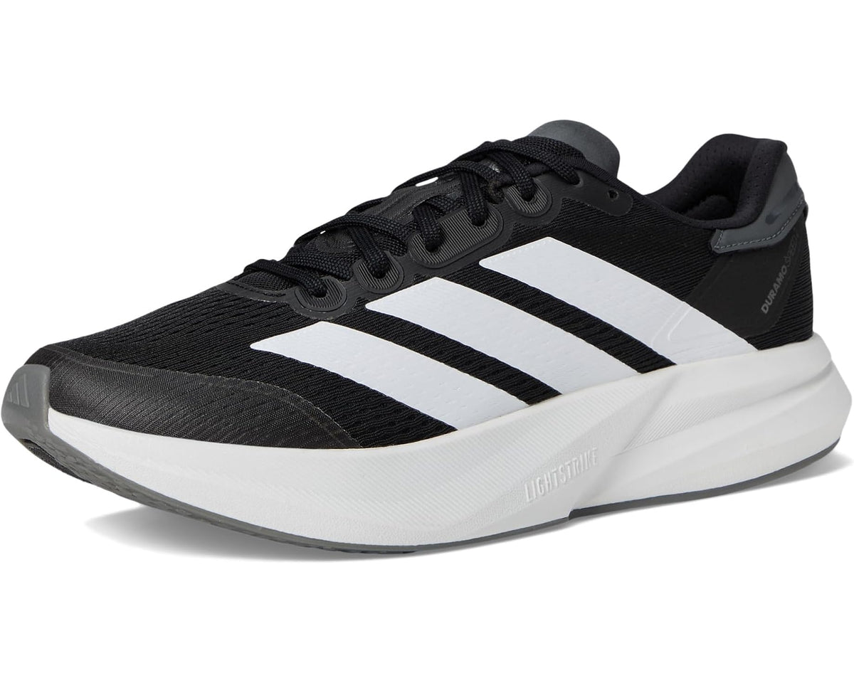 Men's adidas Duramo Speed 2 running shoes, front 3/4 view in black with white triple stripes