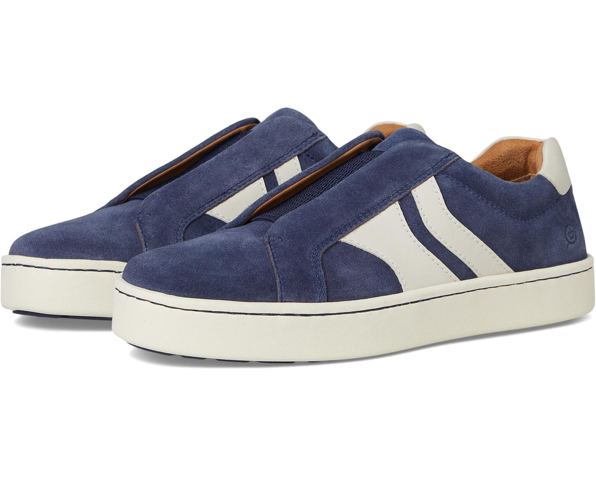 Navy suede slip-on sneakers with white side stripe and low sole