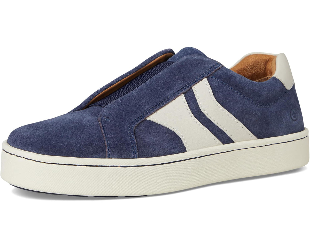 Navy suede slip-on sneakers with white stripes and cream rubber sole