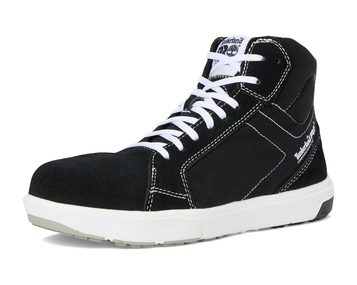 Black high-top safety sneaker with white laces and Timberland PRO logo, side profile