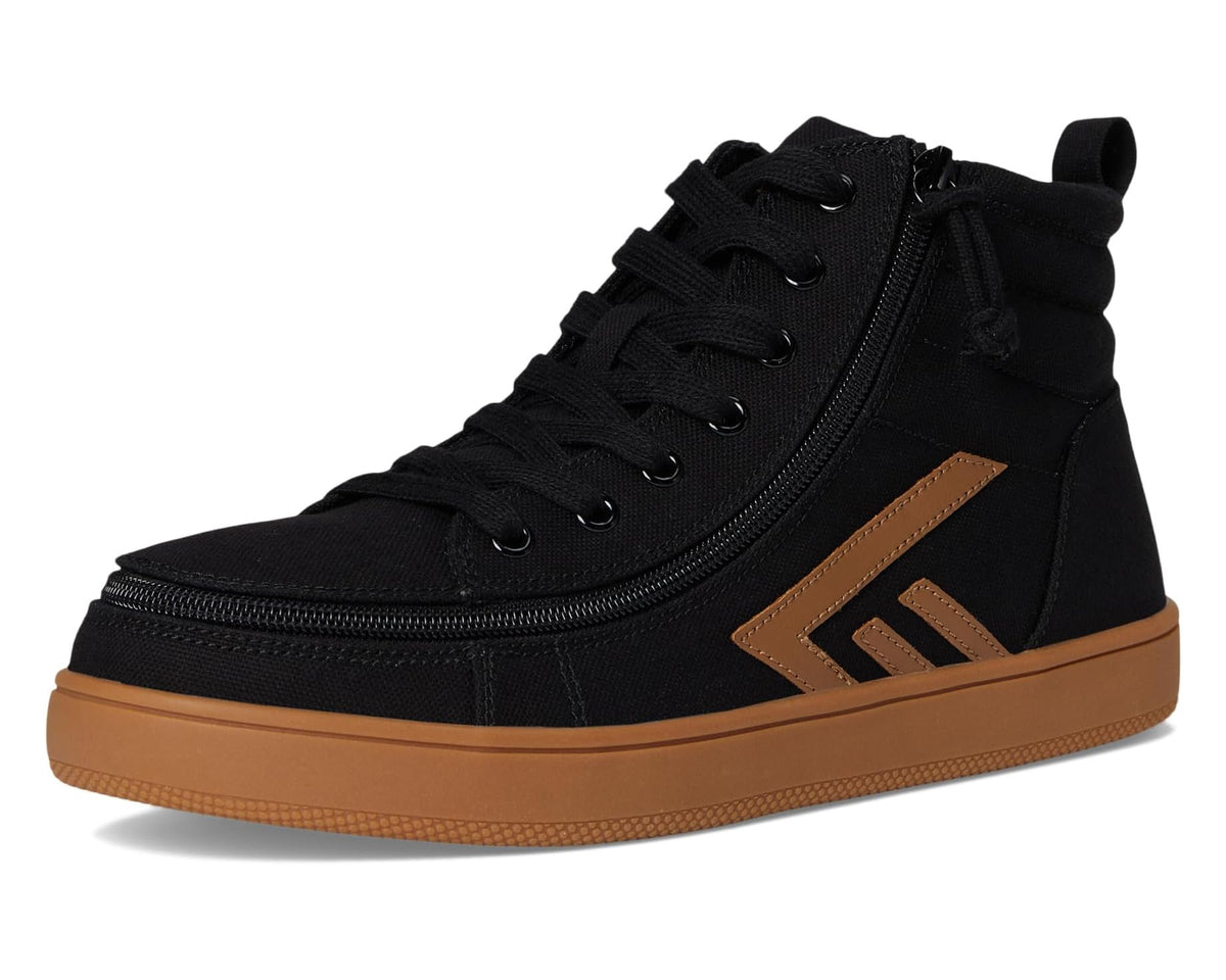 Front view of black high top casual shoe with lace-up, side zipper, tan logo, gum sole