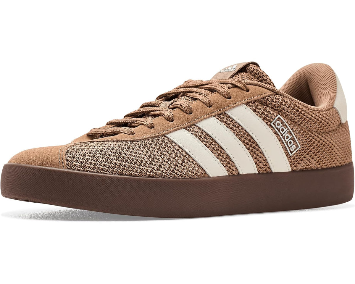 Men's adidas VL Court 3.0 low-top sneakers in brown knit with white stripes and gum sole