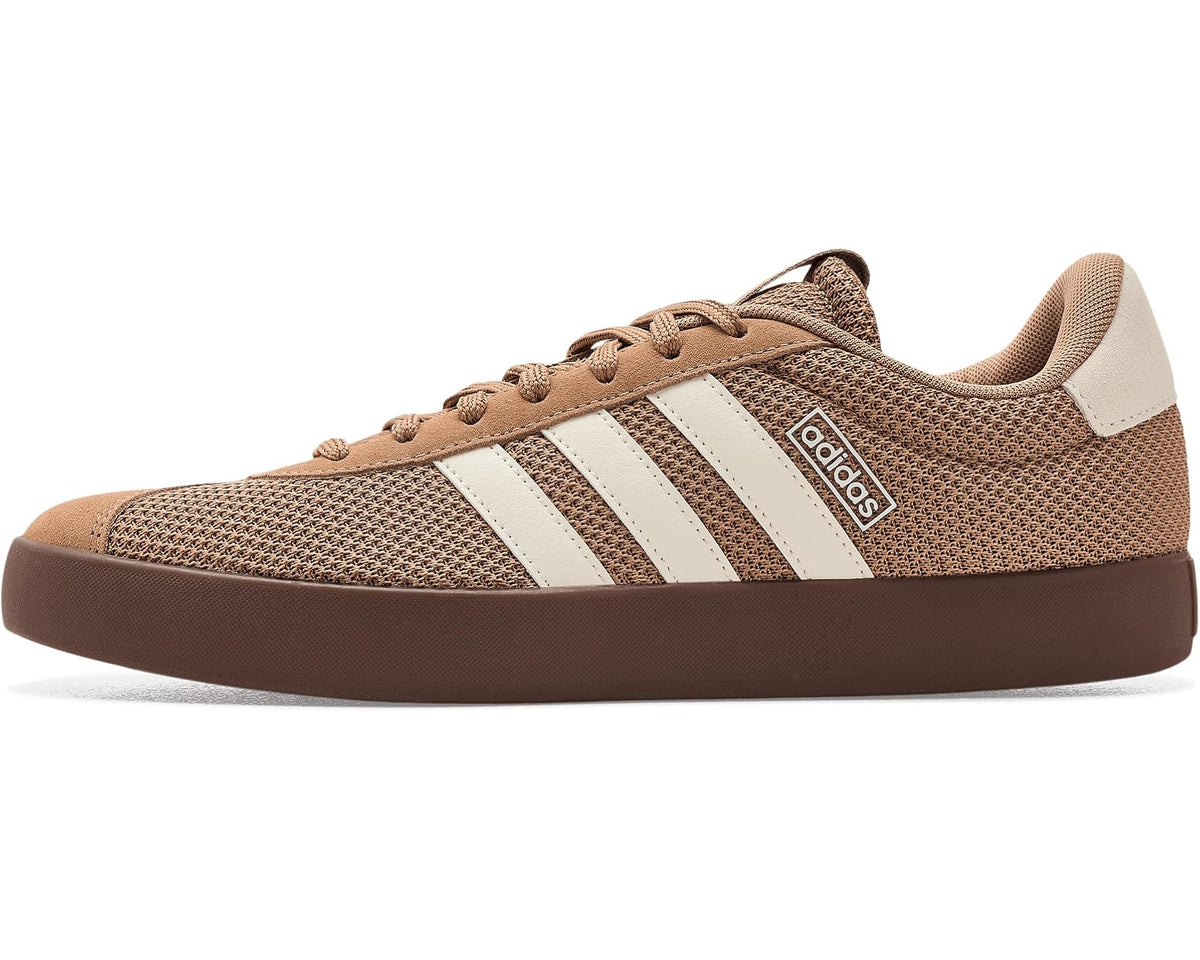 Men's adidas VL Court 3.0 sneakers with textured brown upper, white stripes, and lace-up