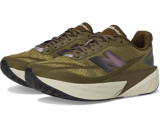 Men's New Balance FuelCell Rebel v5 running shoes, olive with purple accents and white midsole
