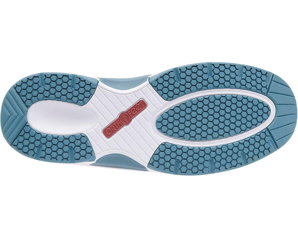White sneaker outsole with blue hex tread and red Orthofeet detail