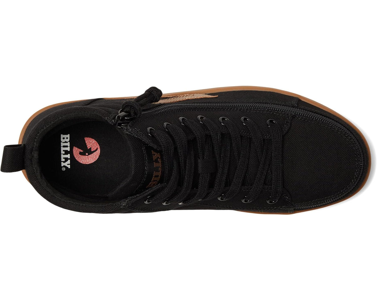 High top black casual shoe with lace-up and side zipper; logo patch on tongue