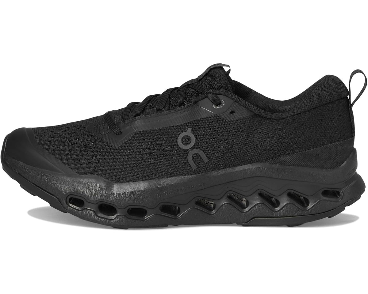 Black men's trail running shoe with lace-up closure and rocker-style midsole
