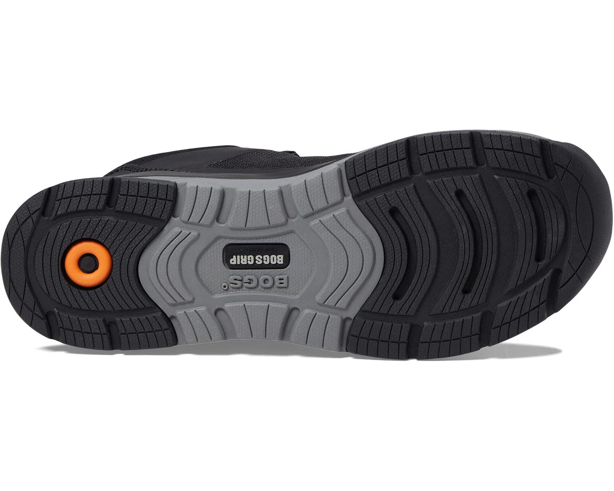 Black rubber outsole tread with orange logo accent