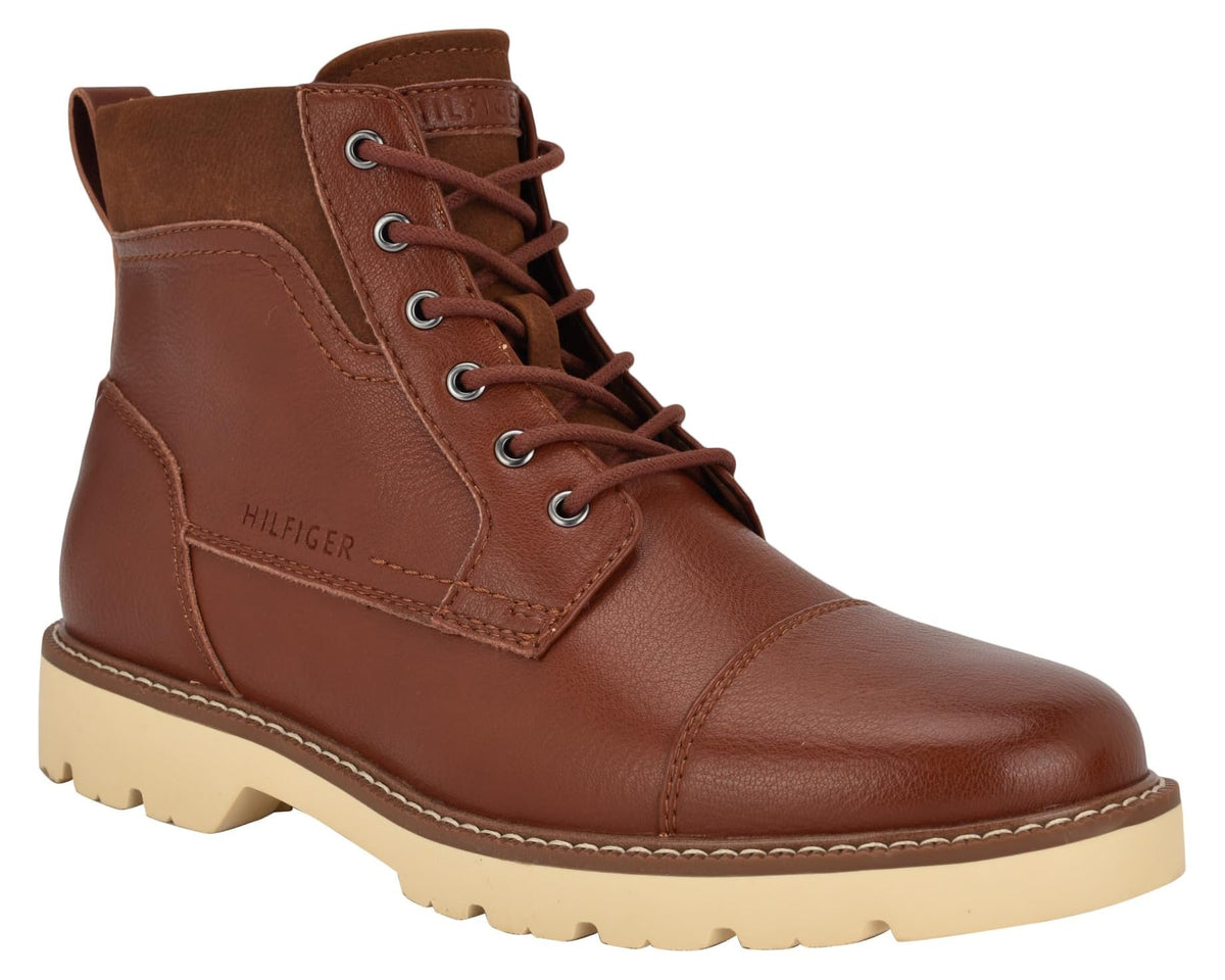 Cognac leather lace-up ankle boots with padded collar and lug sole