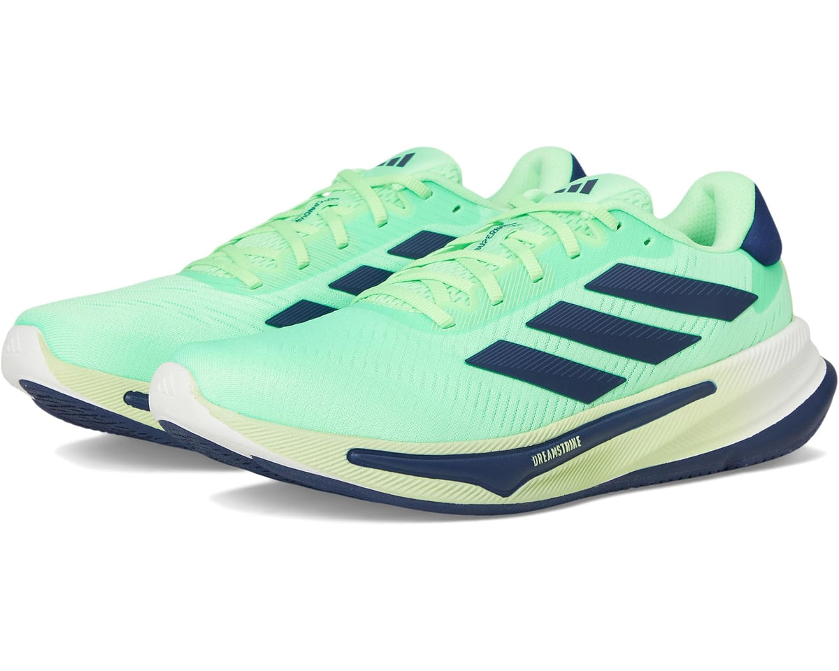 Lime green and navy running shoes with three black stripes and white midsole