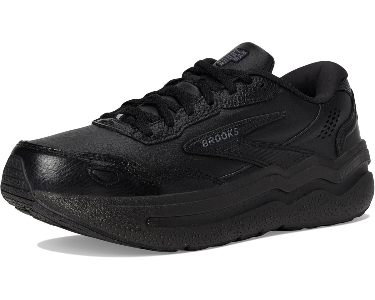 Black leather Brooks Ghost Max running shoes, front 3/4 view with lace-up closure
