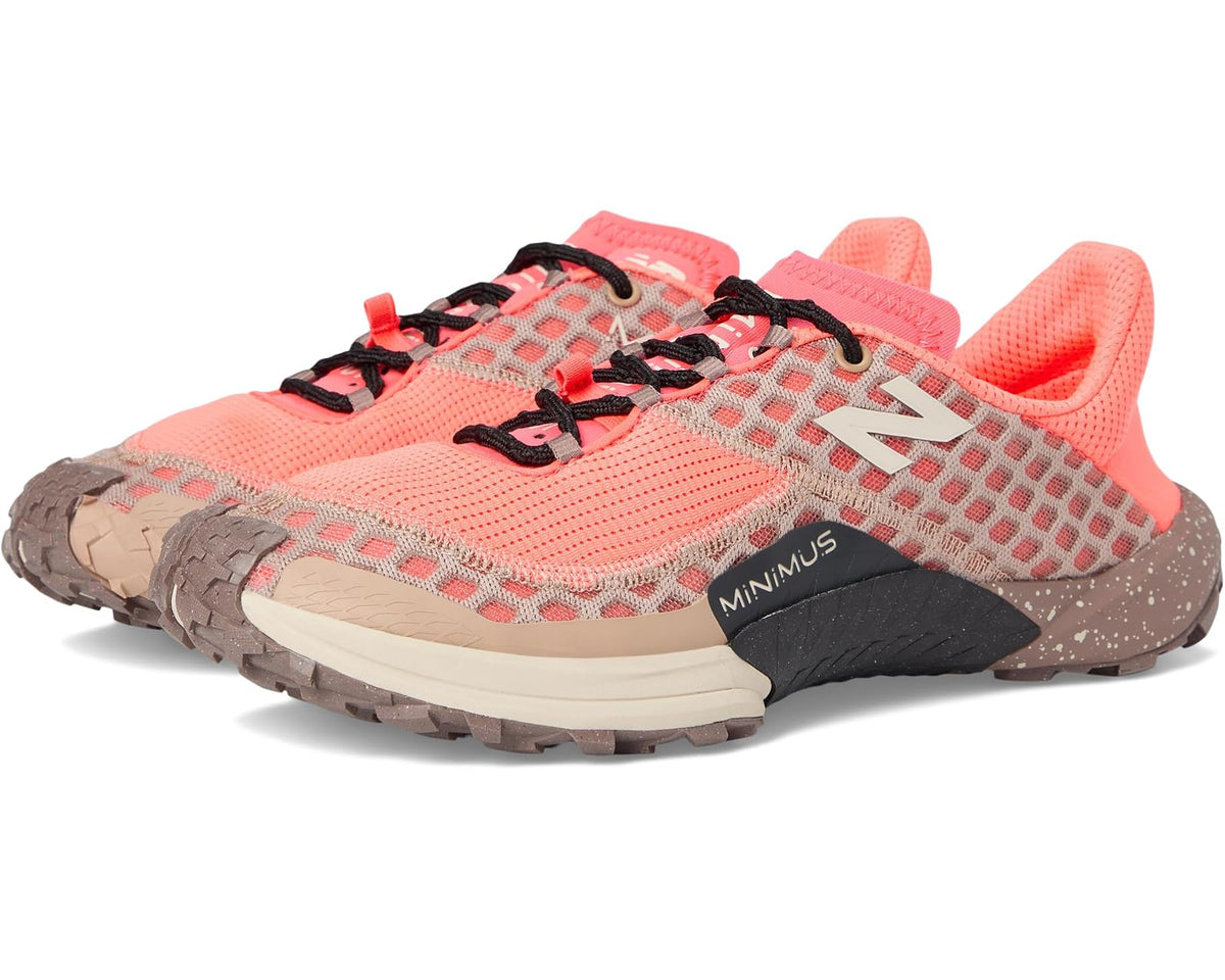 New Balance Minimus trail shoe in coral mesh with taupe accents and black outsole