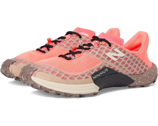 New Balance Minimus trail shoe in coral mesh with taupe accents and black outsole