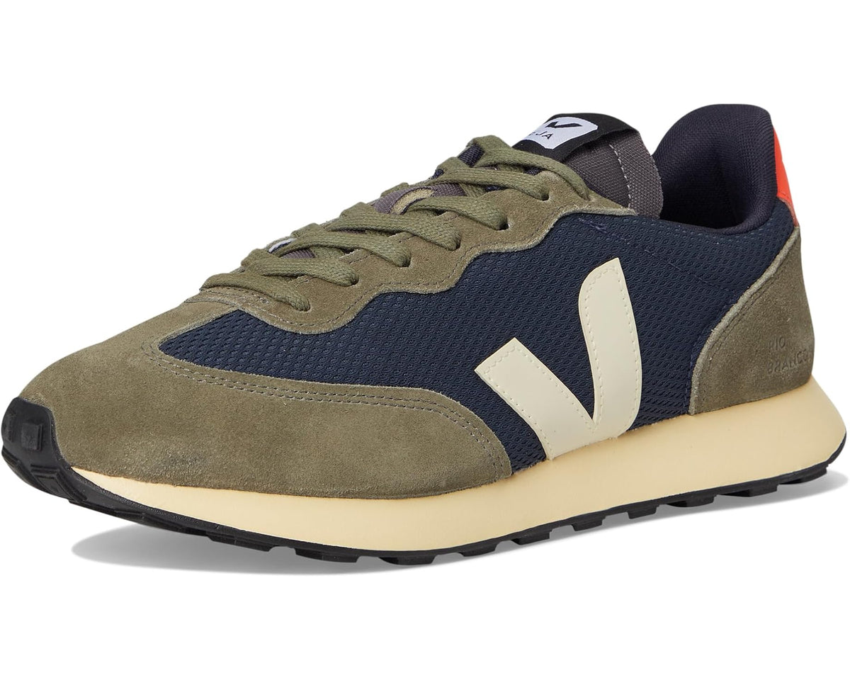 Men's VEJA Rio Branco II sneakers, olive and navy with white V logo, orange heel detail