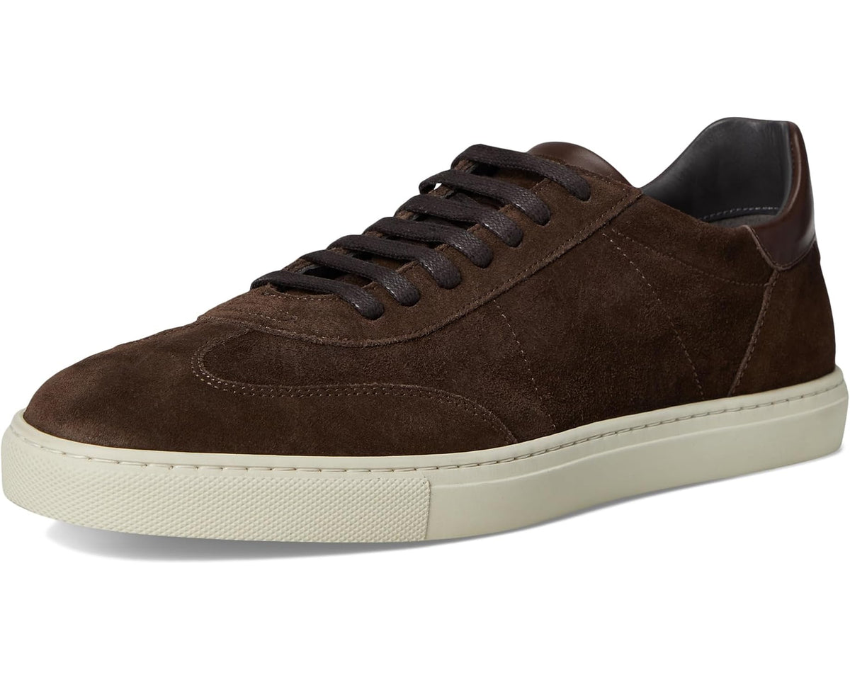 Dark brown suede lace-up sneakers with white rubber sole and dark heel lining