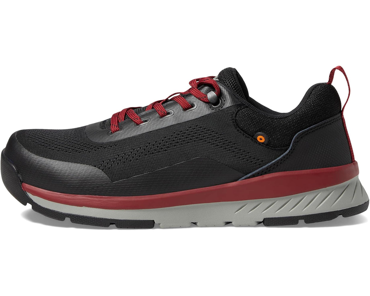 Men's black low sneakers with red lace accents and padded collar