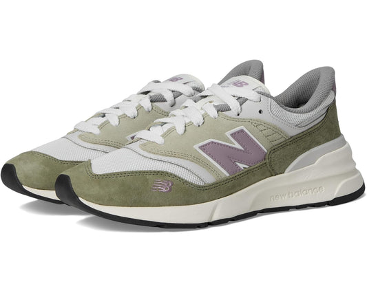 Unisex New Balance 997R sneakers with white laces, olive suede, and purple N logo