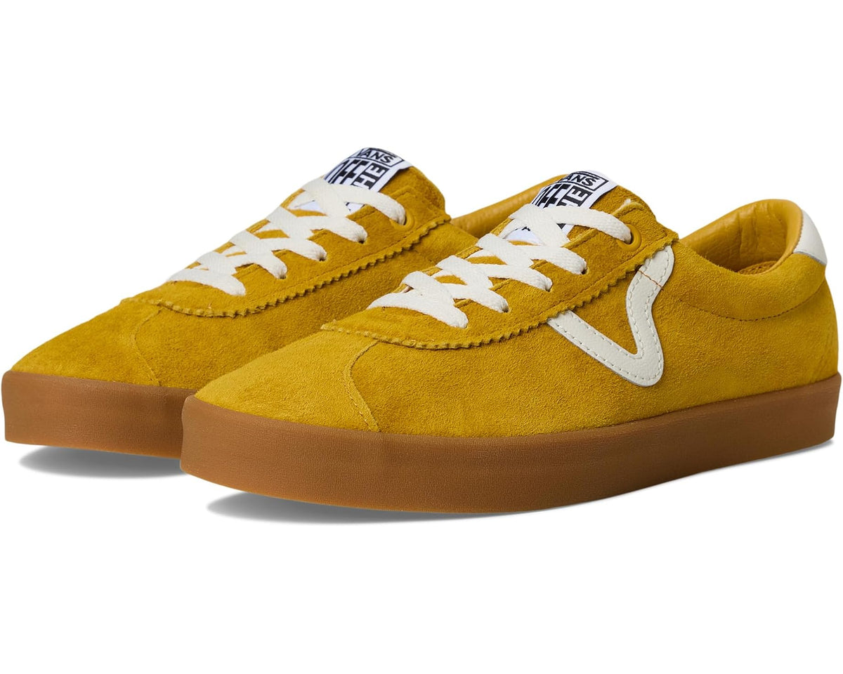 Mustard yellow suede low-top sneakers, white laces, side stripe, gum rubber sole