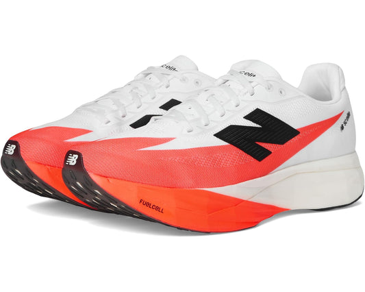 Men's New Balance running shoe with white upper, urgent red accents, and black logo