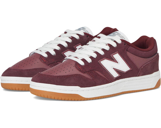 Burgundy New Balance Numeric 480 sneakers, white N logo, gum outsole