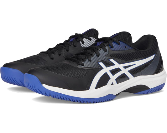 ASICS Game FF men's tennis shoes, black knit upper with white cross logo and blue sole