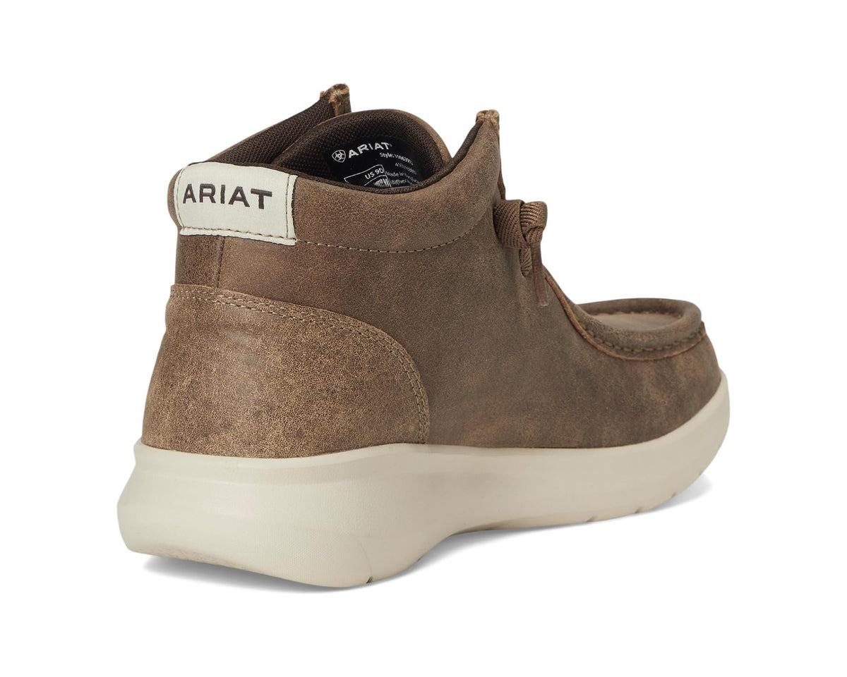 Brown suede chukka boot heel with Ariat label and cushioned collar