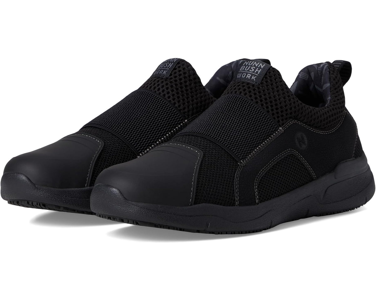 Black slip-on work shoe with mesh upper and cushioned heel collar