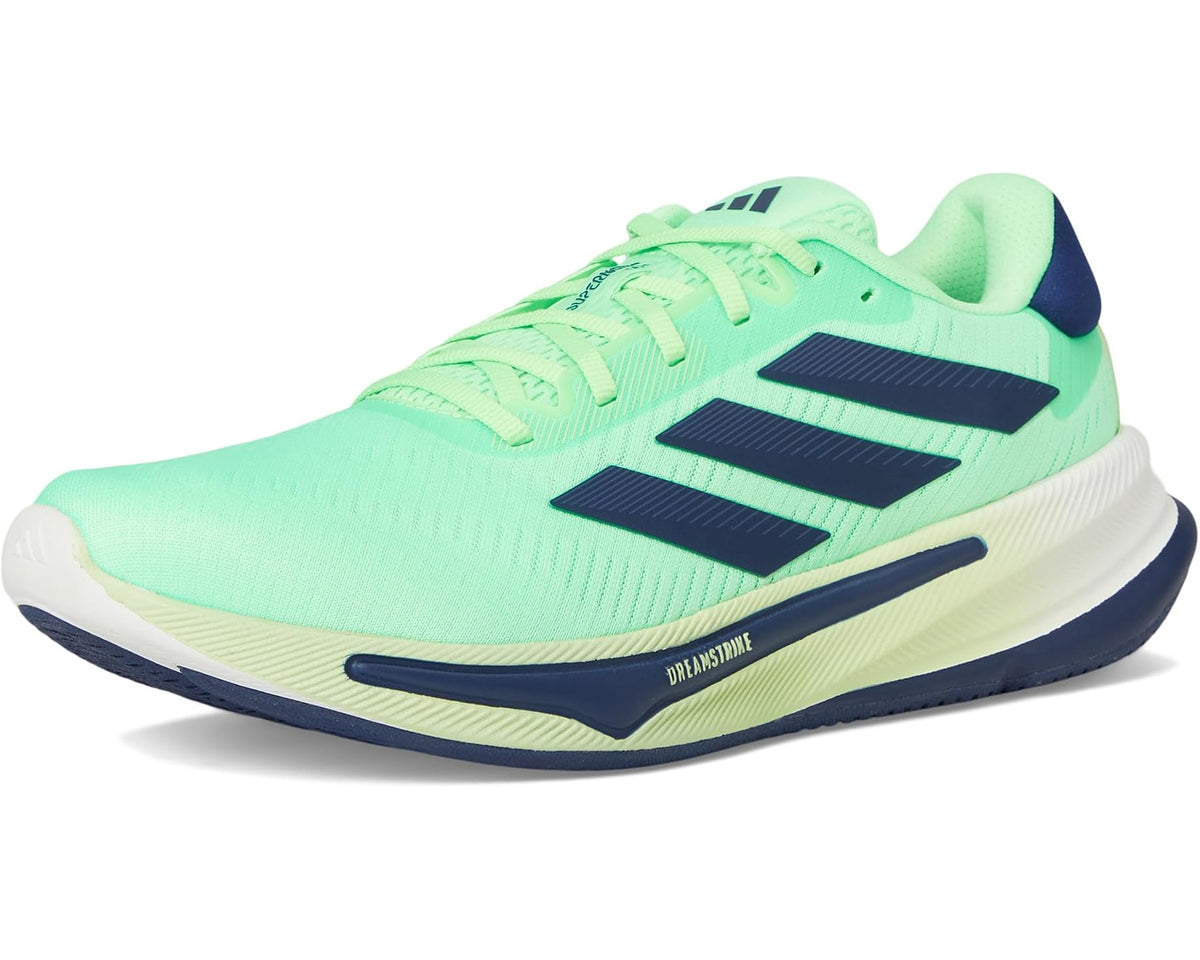 Lime green running shoes with three black stripes, navy heel, and white midsole