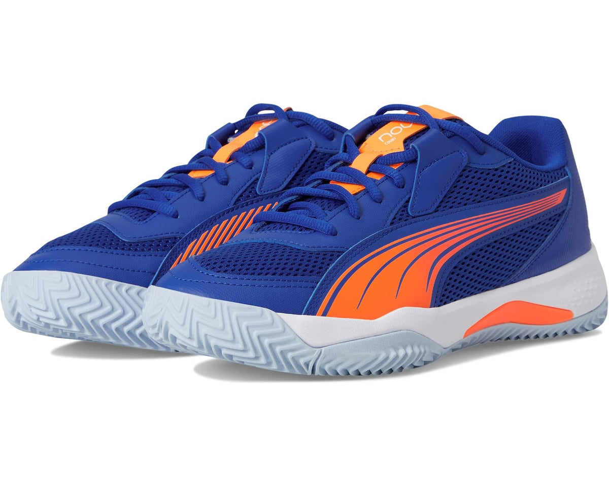 PUMA Nova Court pickleball shoes, vivid blue with orange and red stripes, white sole