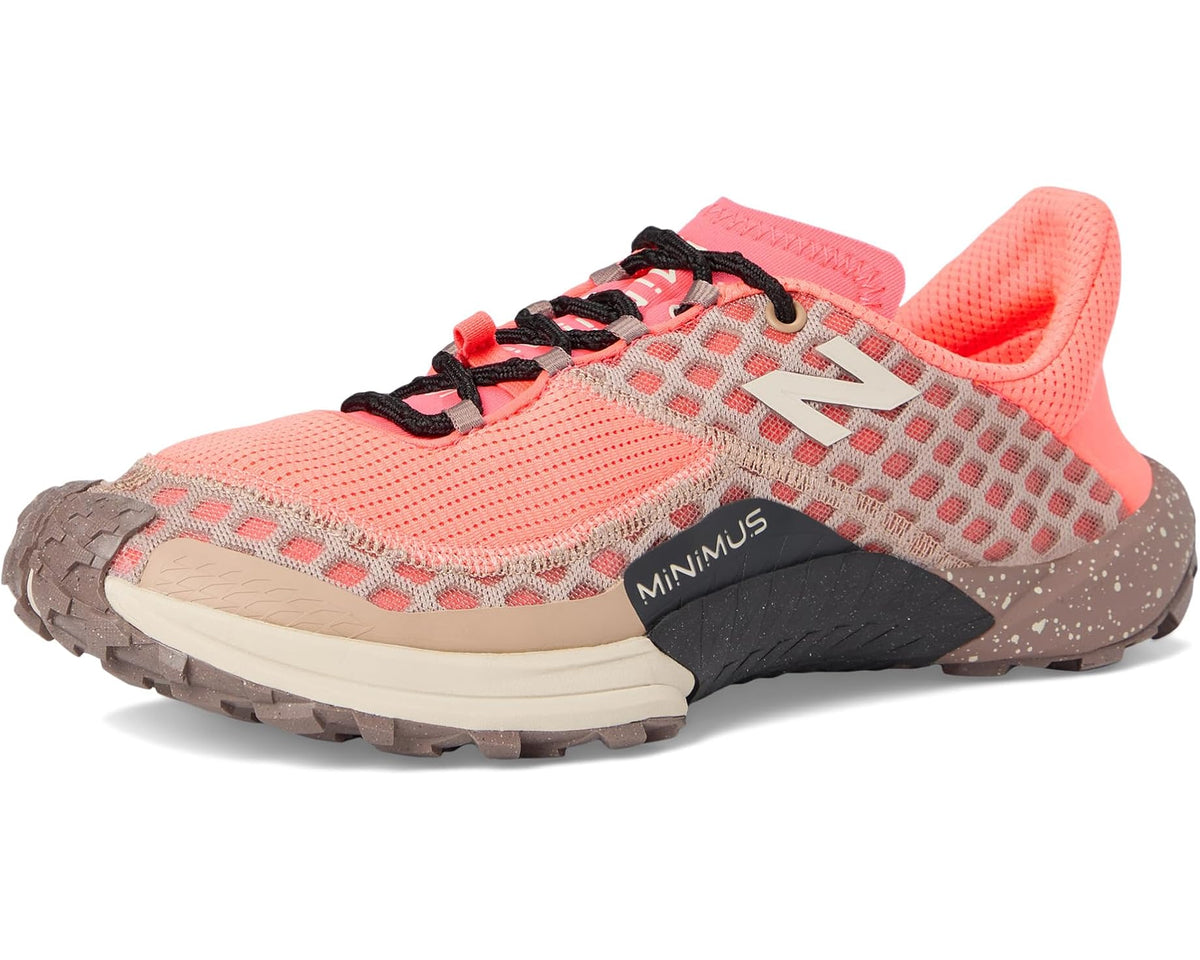 New Balance Minimus trail shoe side view, coral mesh upper with taupe overlays and lace-up