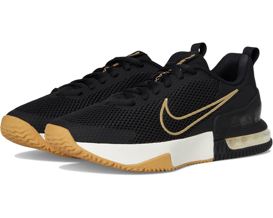 Nike men’s trainer sneaker in black knit with gold Swoosh and cushioned midsole