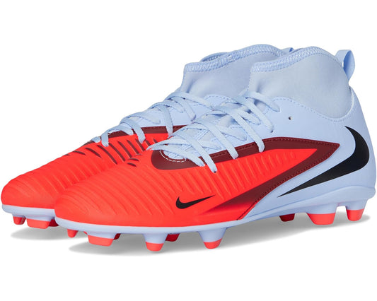 High-top soccer cleat, light blue and bright red, Nike swoosh, molded studs