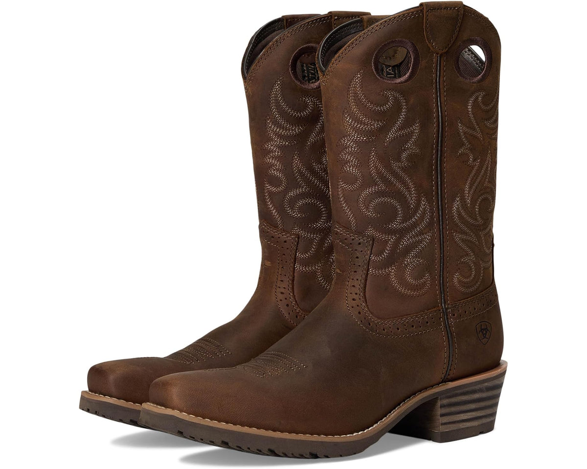 Men's Ariat Hybrid Roughstock Square Toe Cowboy Boot Distressed Brown