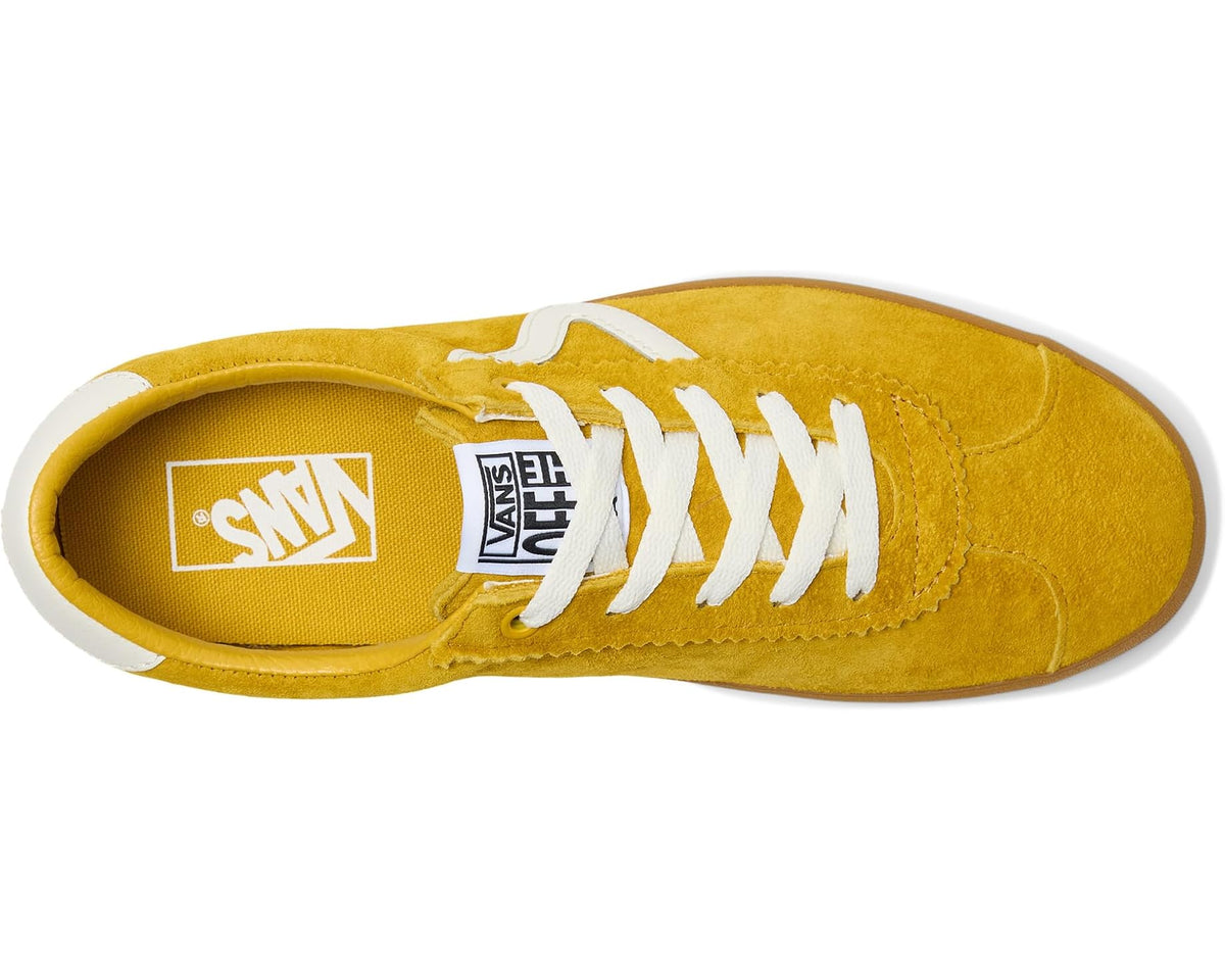 Mustard suede low-top sneaker with white laces and white contrast side detailing