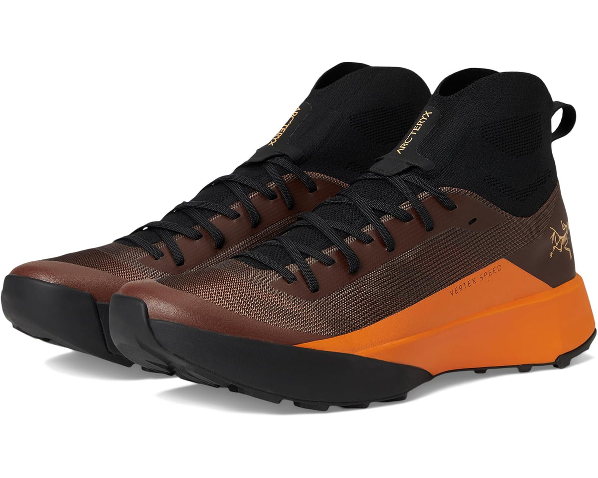 Men's Arc'teryx high-top trail shoes, brown mesh upper with black and orange sole