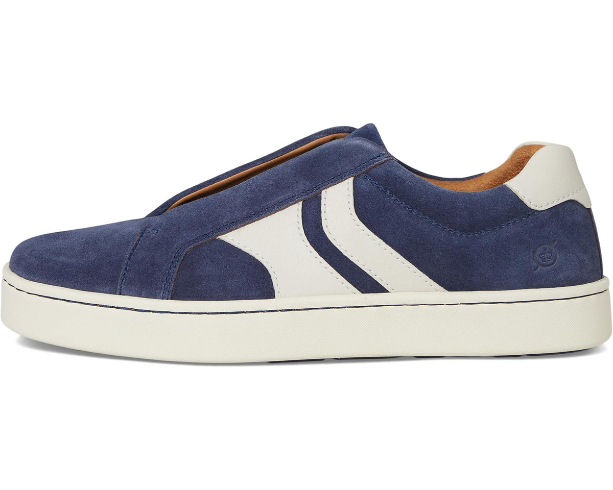 Navy suede slip-on sneakers with white V stripe and cream sole