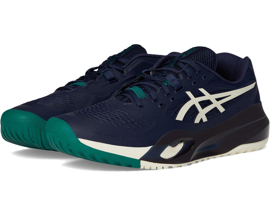 Men's ASICS Gel-Resolution X tennis shoes: navy upper, cream logo, green outsole